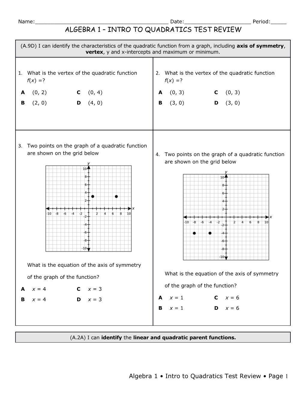 ALGEBRA 1 Intro to Quadratics Test Review