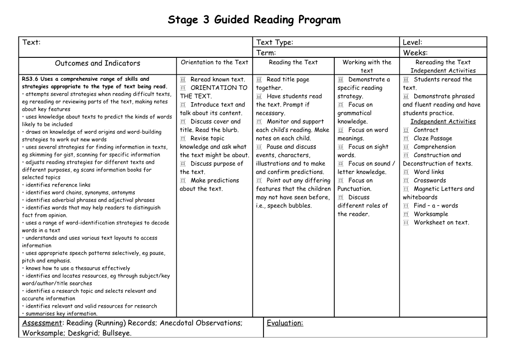 Stage 3 Guided Reading Program