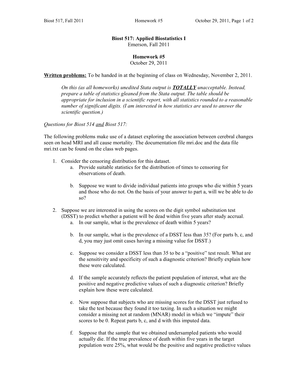 Biost 517, Fall 2011Homework #5October 29, 2011, Page 1 of 3