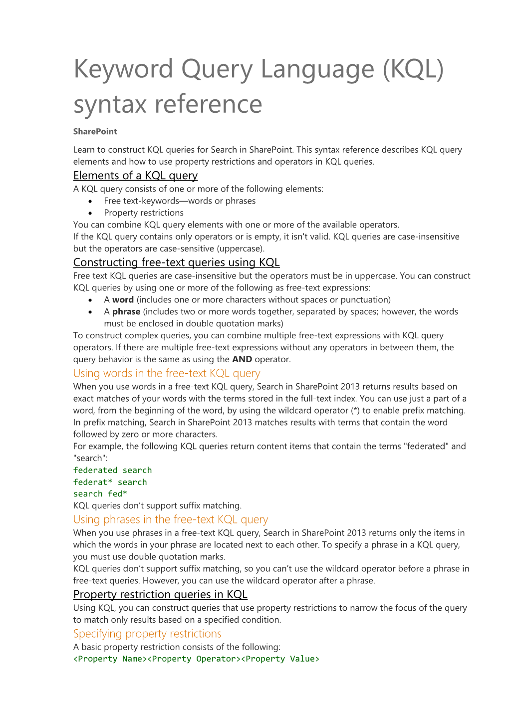 Keyword Query Language (KQL) Syntax Reference