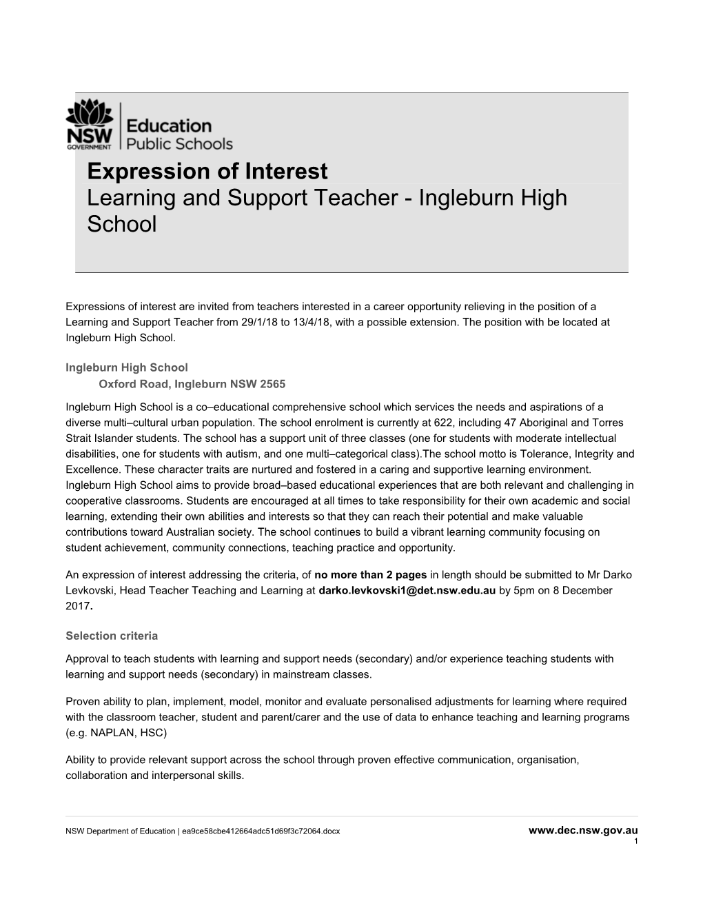 Learning and Support Teacher - Ingleburn High School
