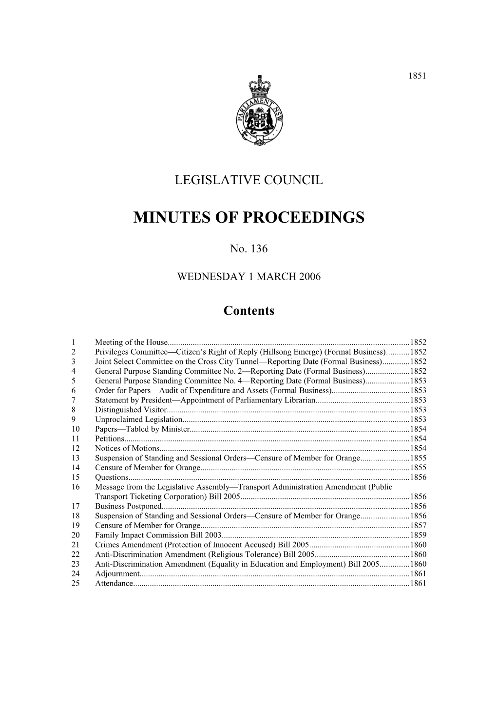 Legislative Council Minutes No. 136 Wednesday 1 March 2006