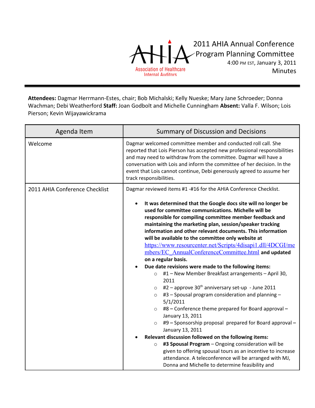 AHIA Committee Minutes