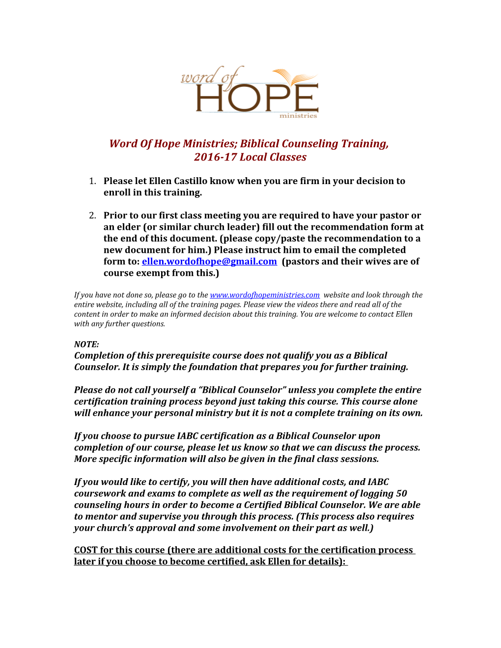 Word of Hope Ministries; Biblical Counseling Training