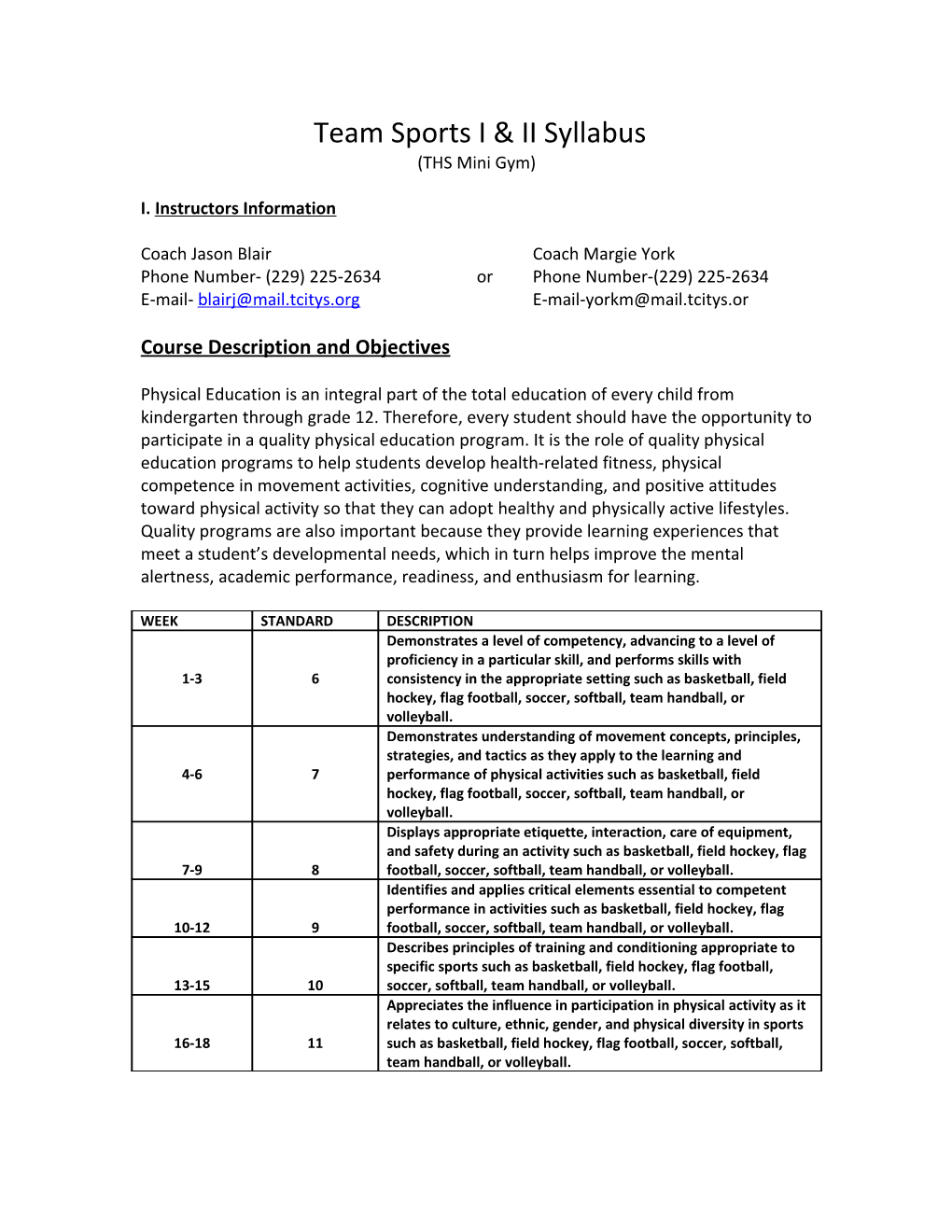 Introduction to Team Sports Syllabus