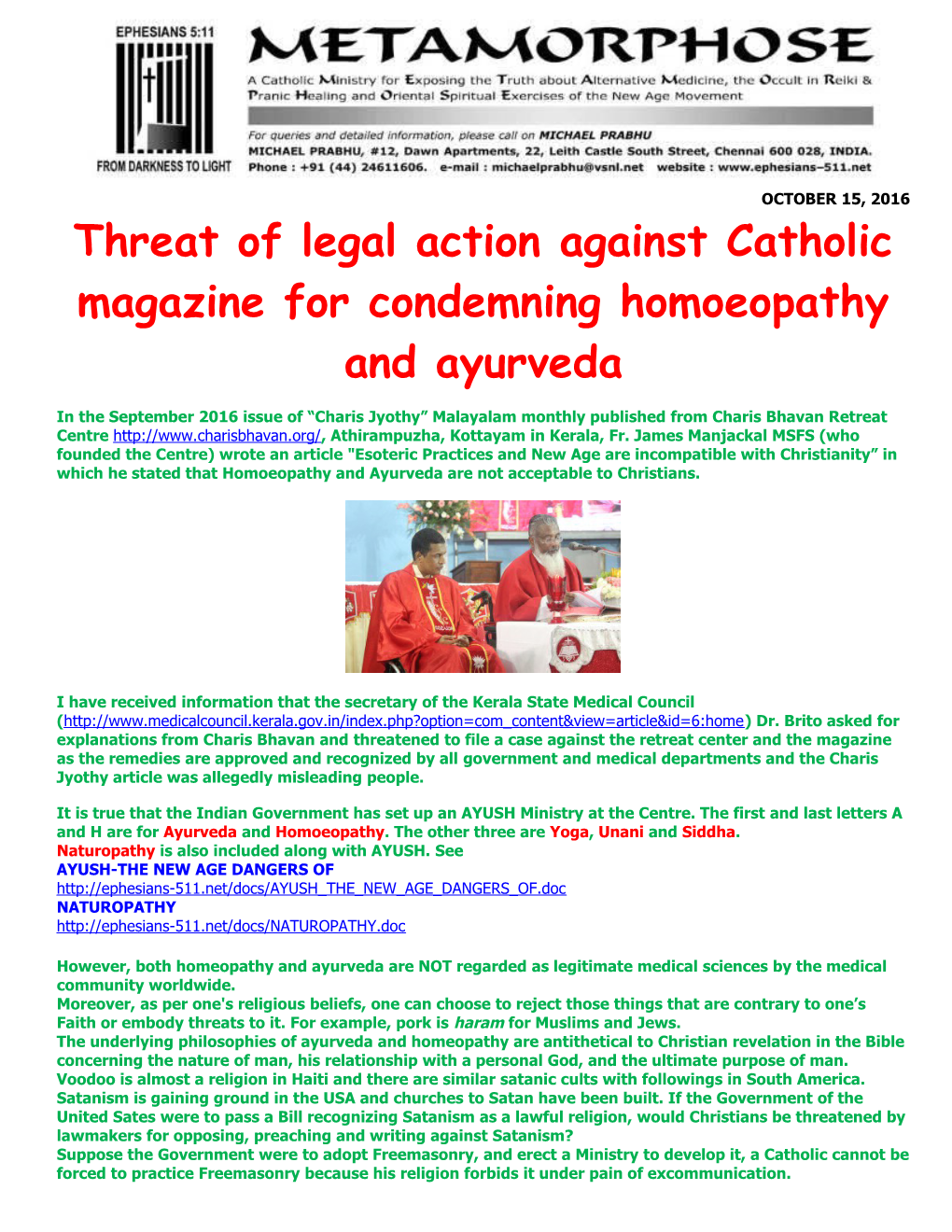 Threat of Legal Action Against Catholic Magazine for Condemning Homoeopathy and Ayurveda
