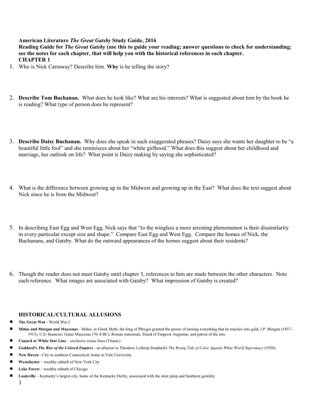 American Literature the Great Gatsby Study Guide, 2016