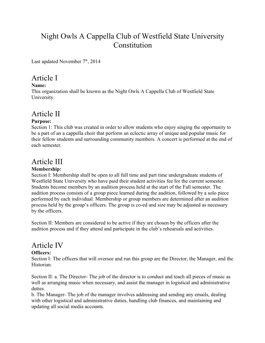 Night Owls a Cappella Clubof Westfield State University Constitution
