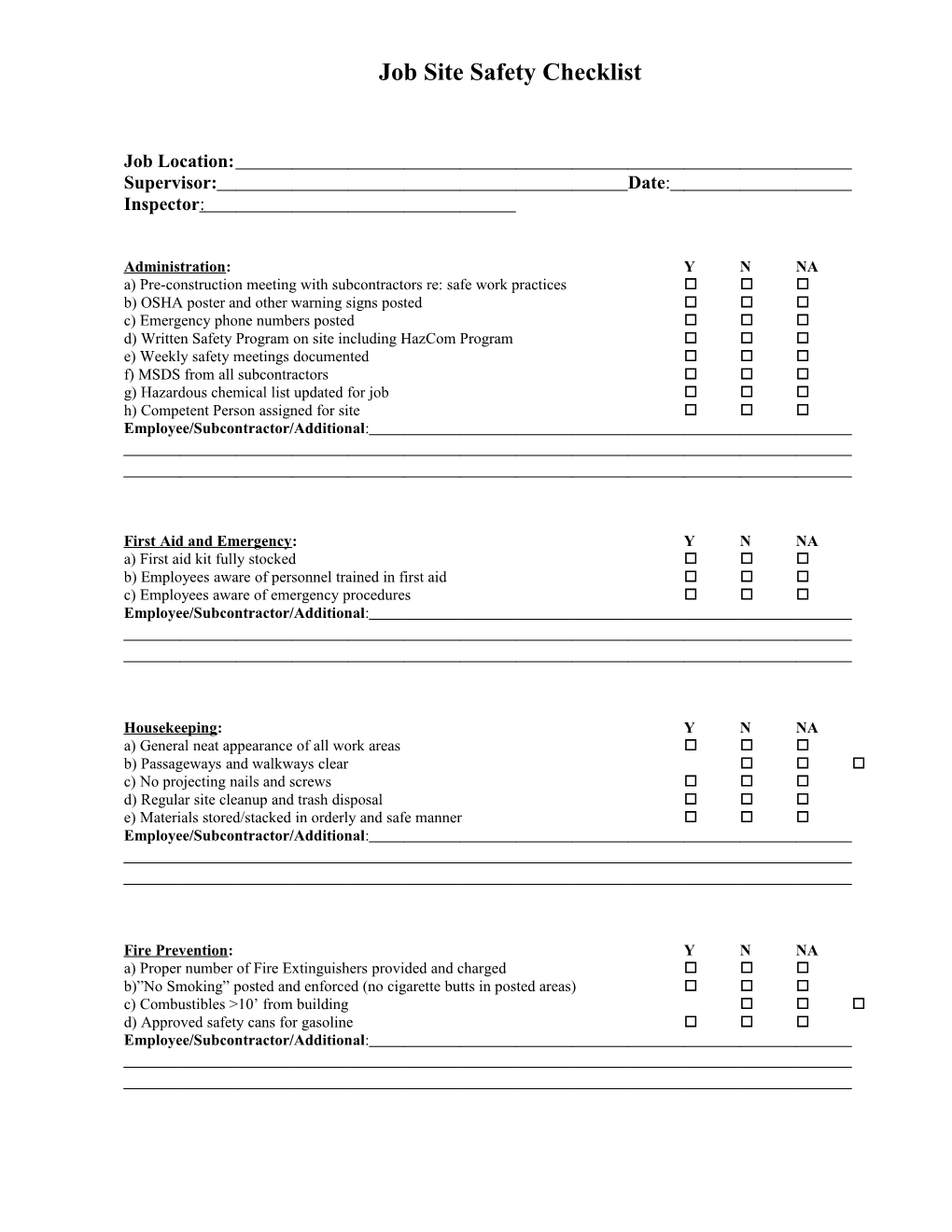 Job Site Safety Checklist