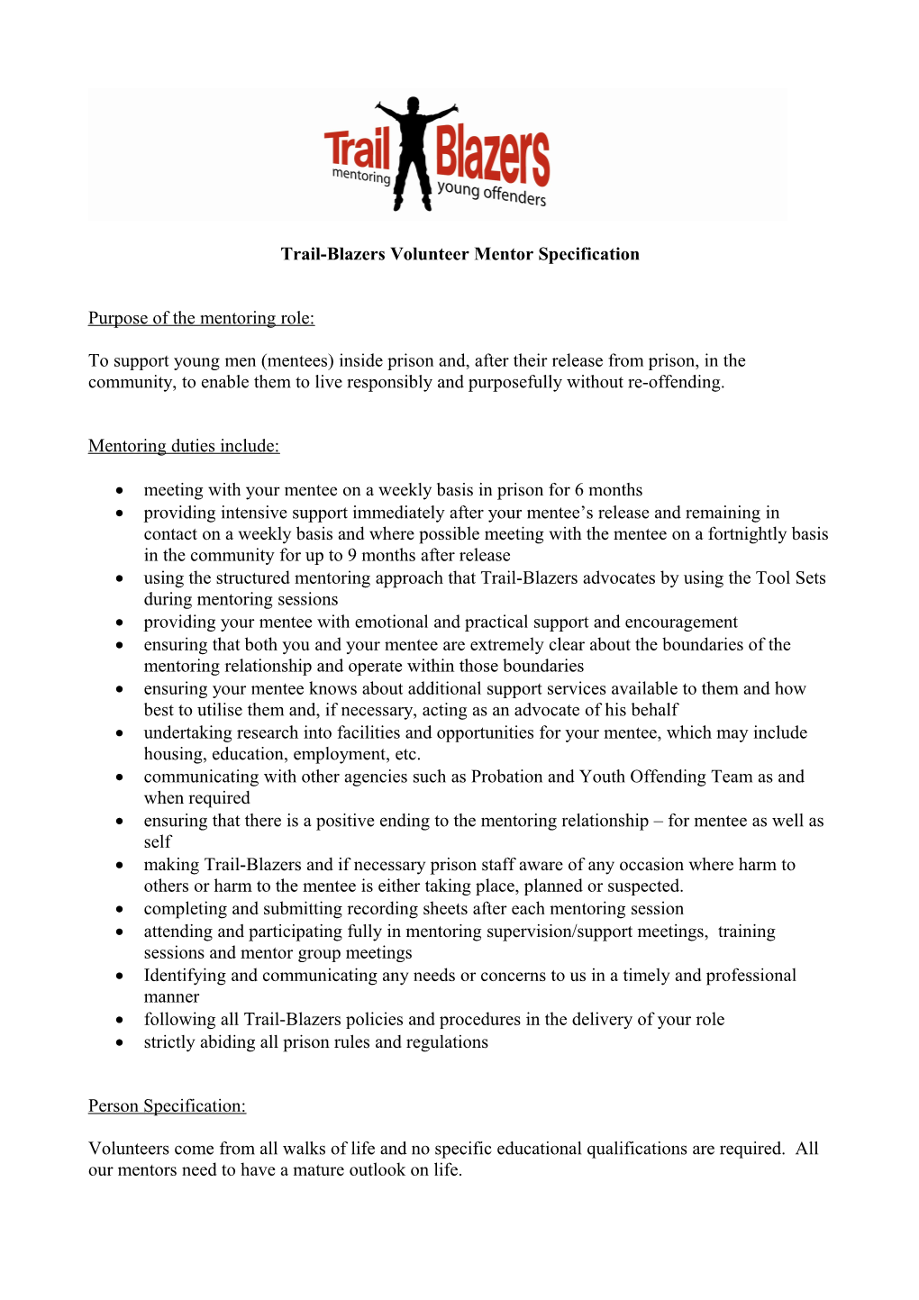 Trail-Blazers Volunteer Mentor Specification