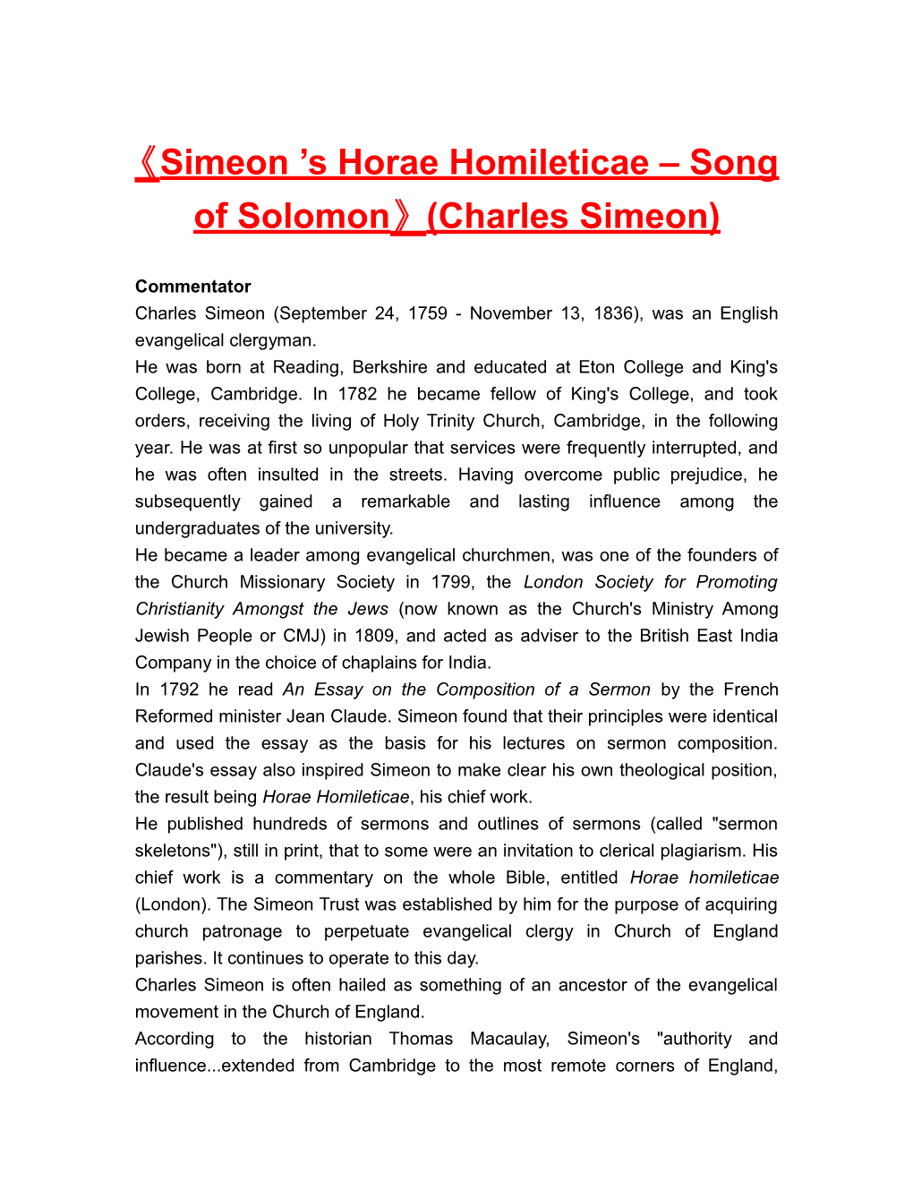 Simeon S Horae Homileticae Song of Solomon (Charles Simeon)