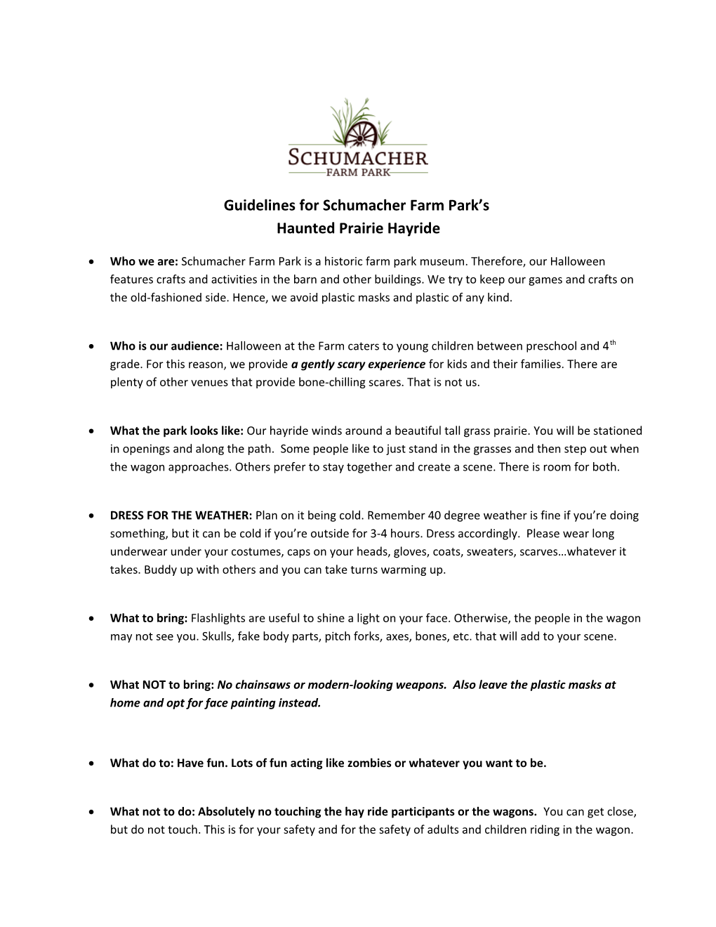 Guidelines for Schumacher Farm Park S Haunted Prairie Hayride