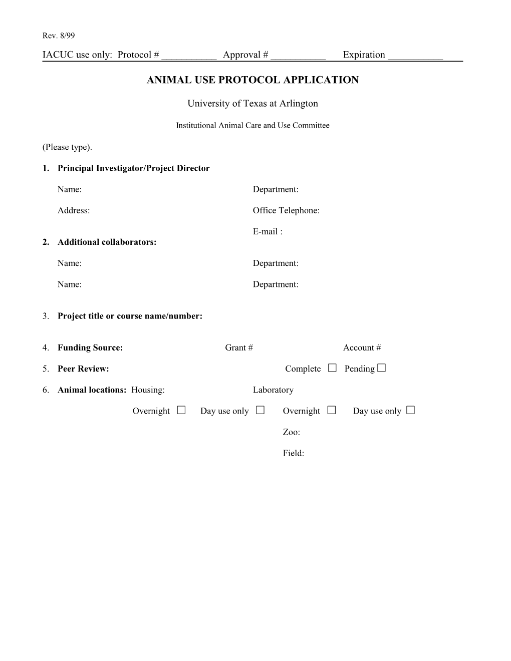 Rev. 8/99Animal Use Protocol Form