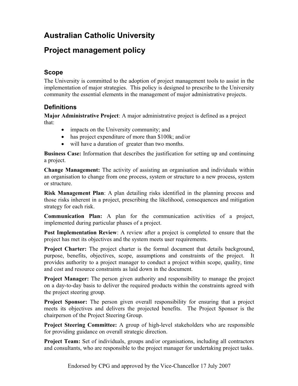 Administrative Project Policy