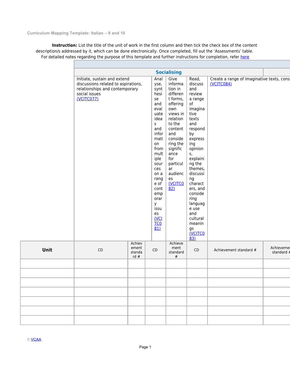 Curriculum Mapping Template: Italian 9 and 10