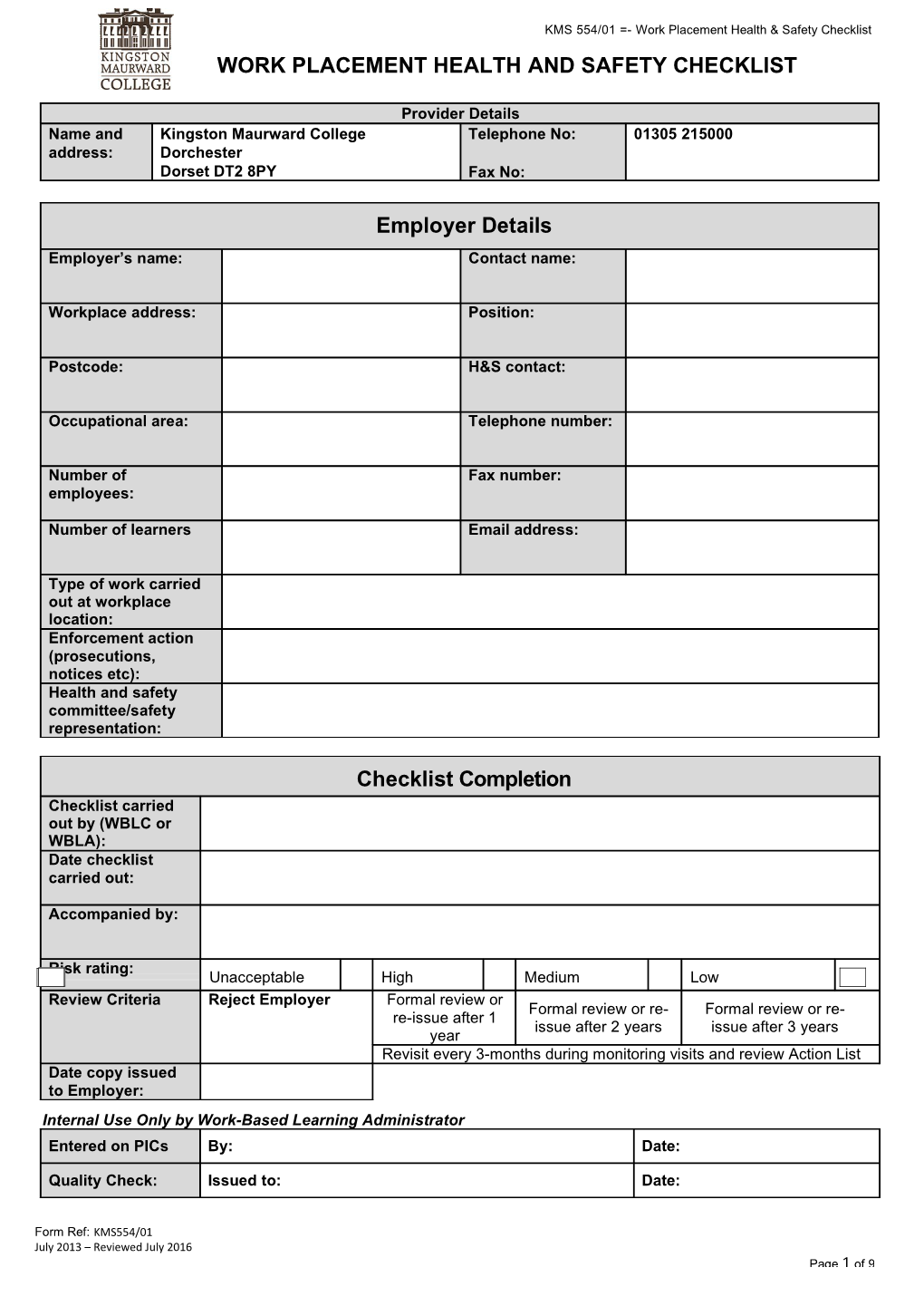 Work Placement Health and Safety Checklist
