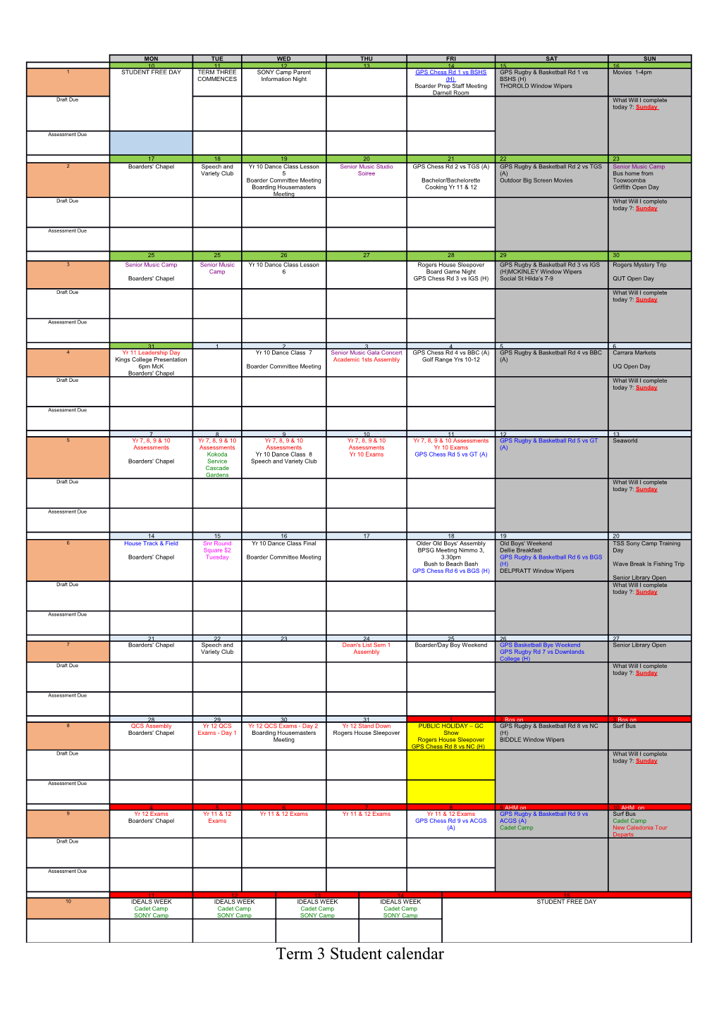 Term 3 Student Calendar