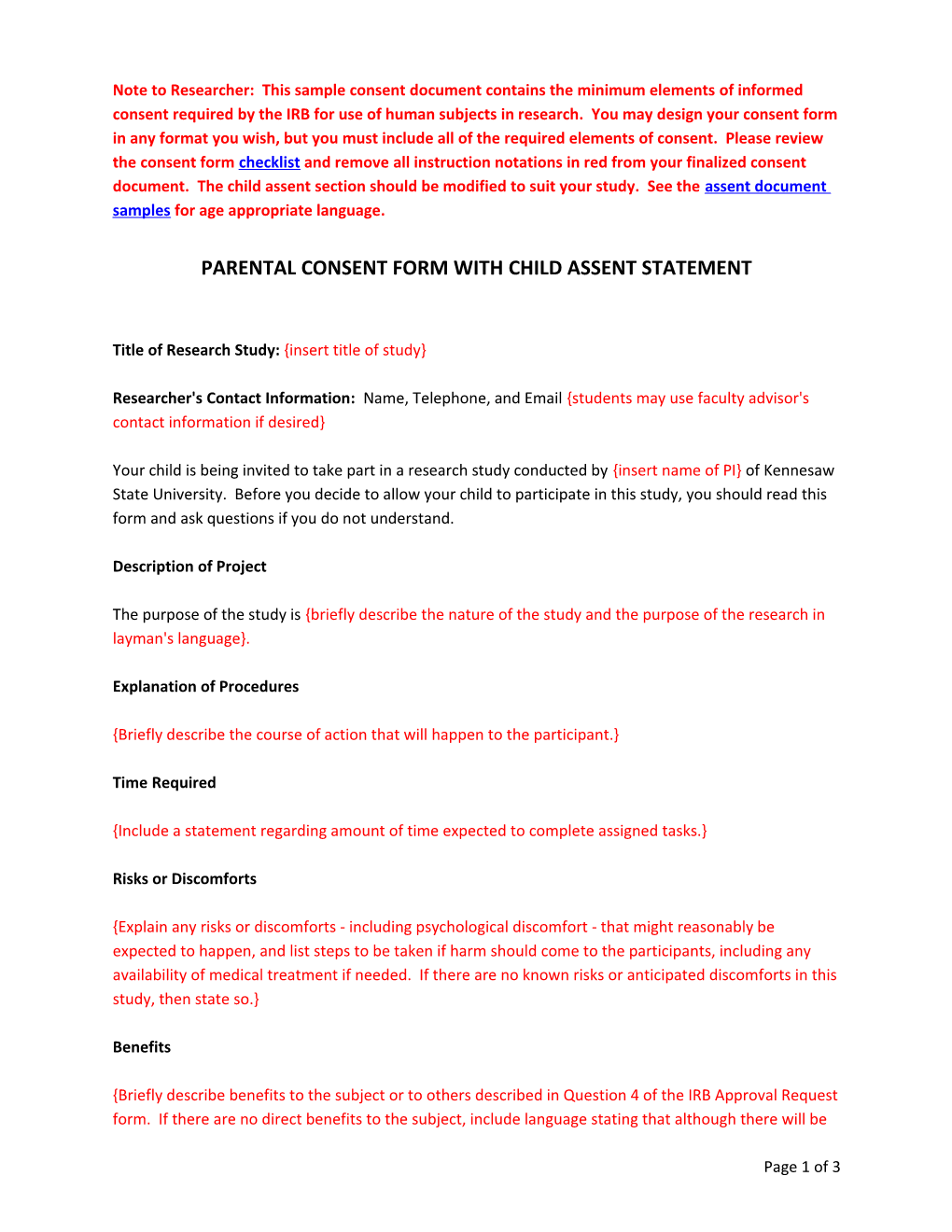Parental Consent Form with Child Assent Statement