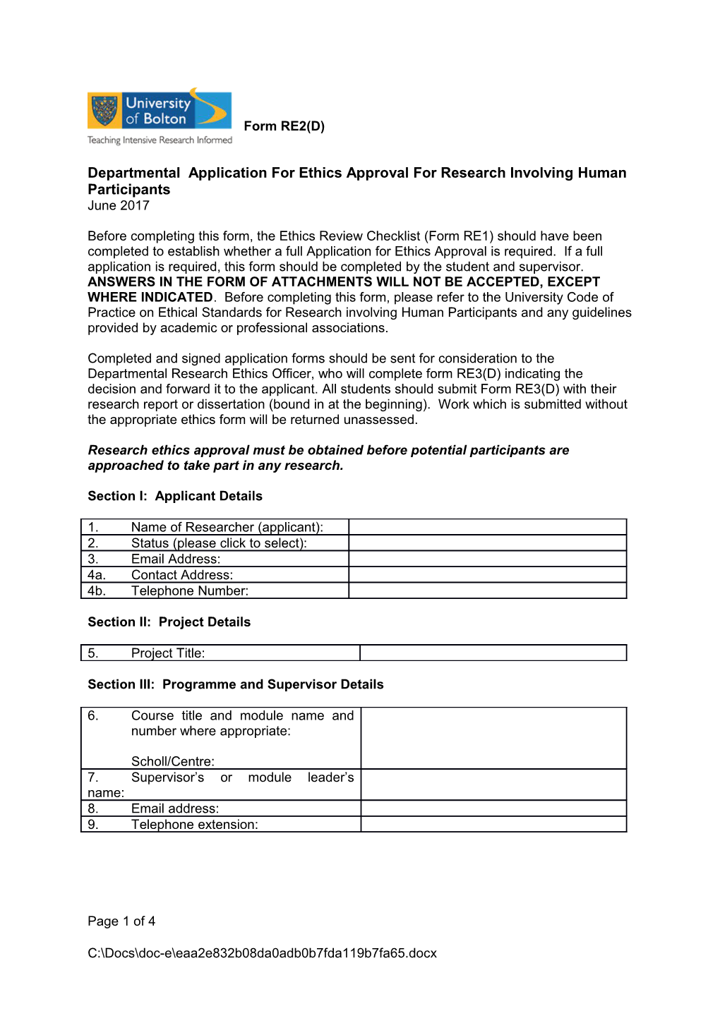 RE(2)D Dept Application for Ethics Approval Form Jun 2017