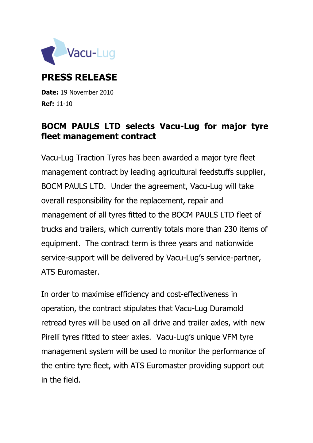 BOCM PAULS LTD Selects Vacu-Lug for Major Tyre Fleet Management Contract