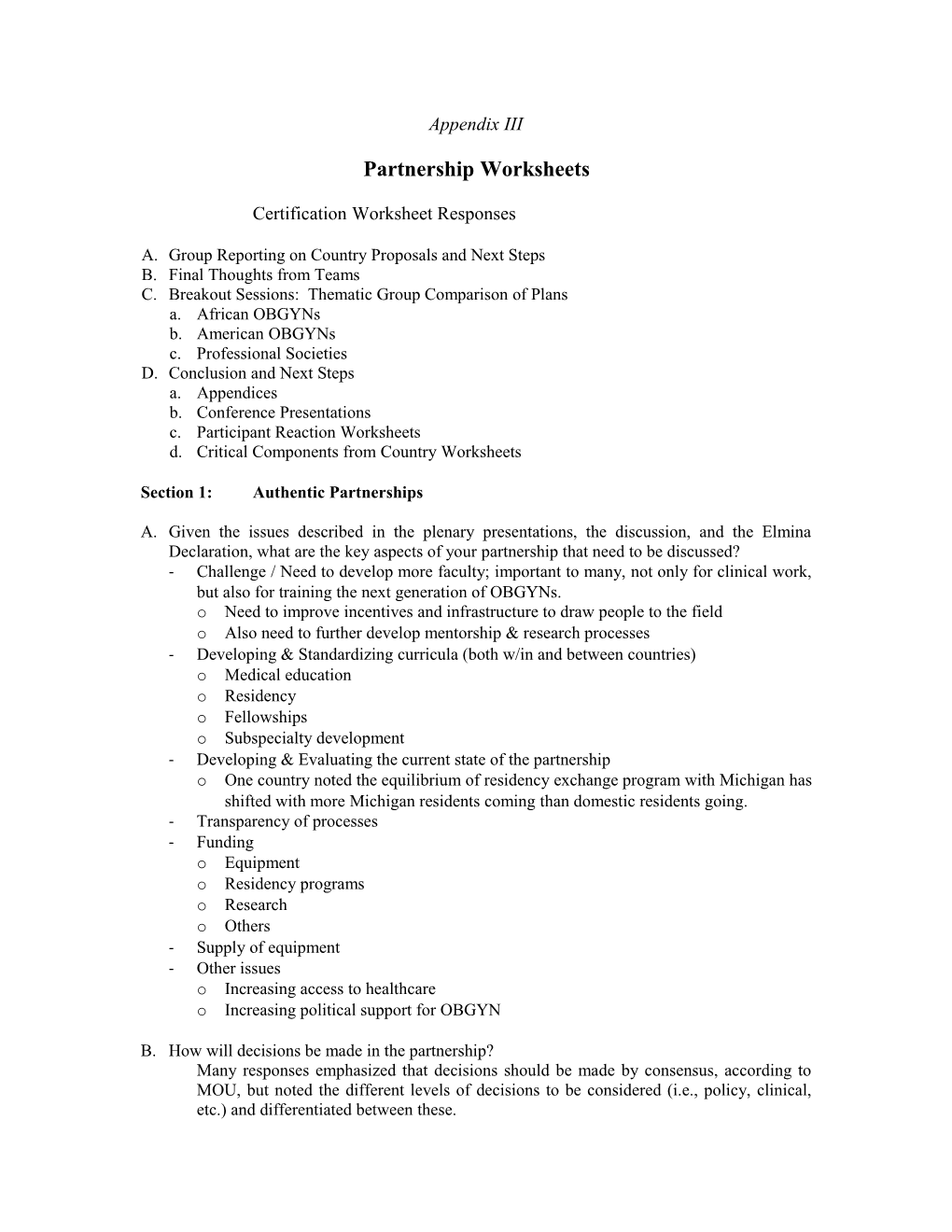 Partnership Worksheets