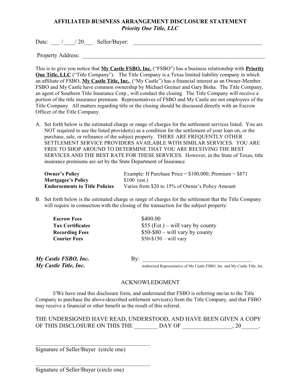 Affiliated Business Arrangement Disclosure Statement