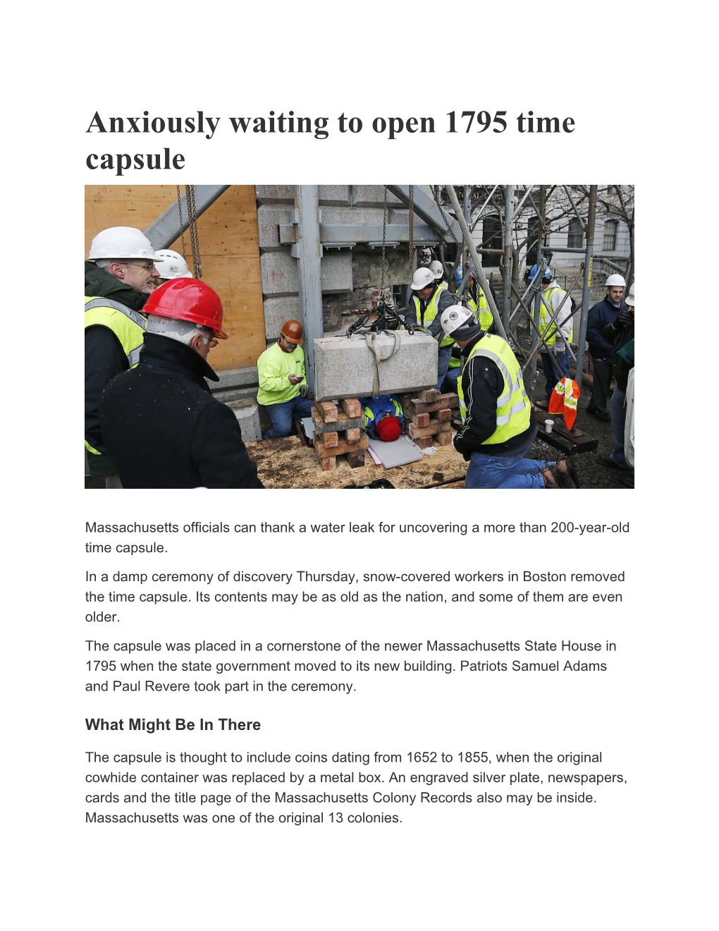 Anxiously Waiting to Open 1795 Time Capsule