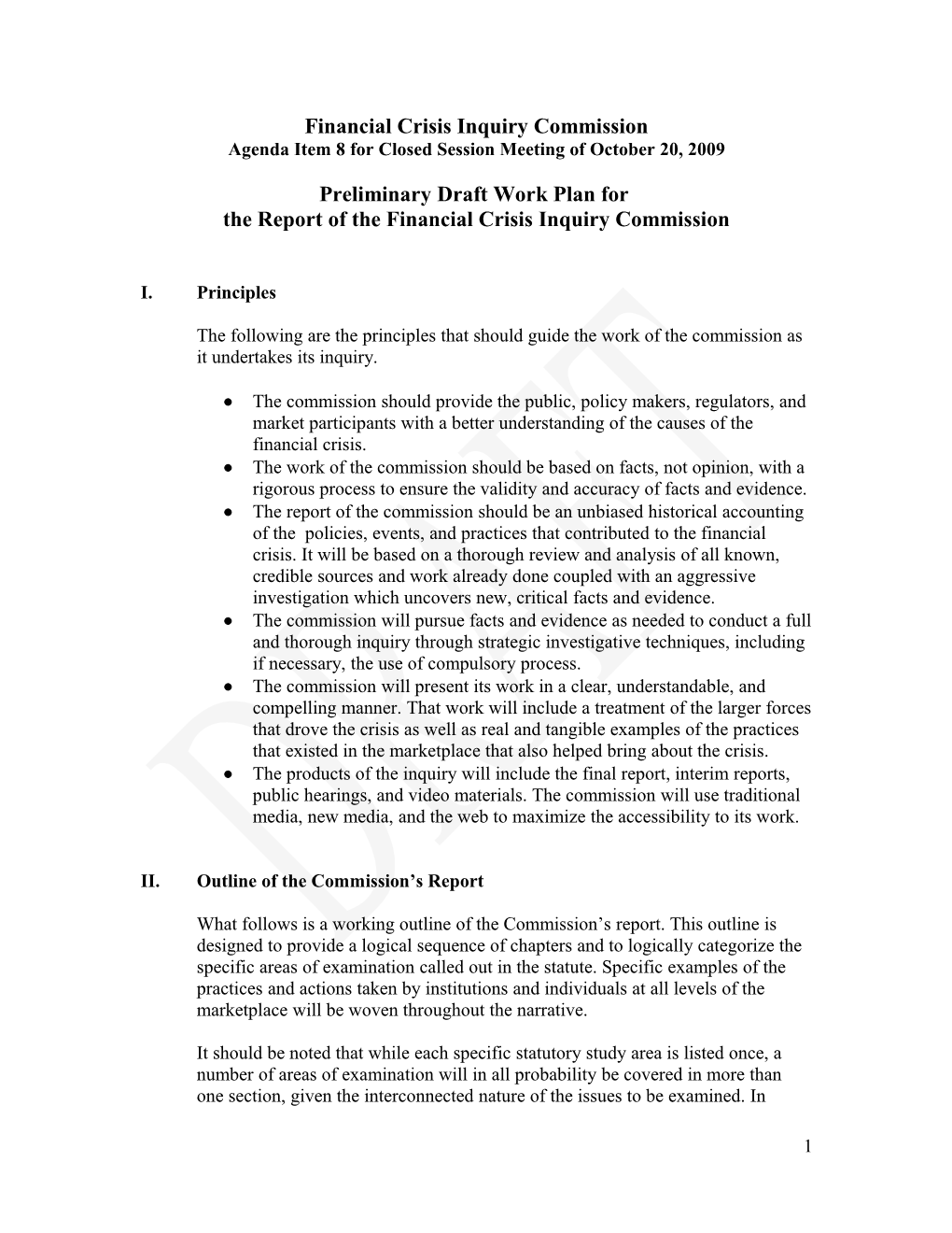 Preliminary Draft Work Plan for the Report of the Financial Crisis Inquiry Commission