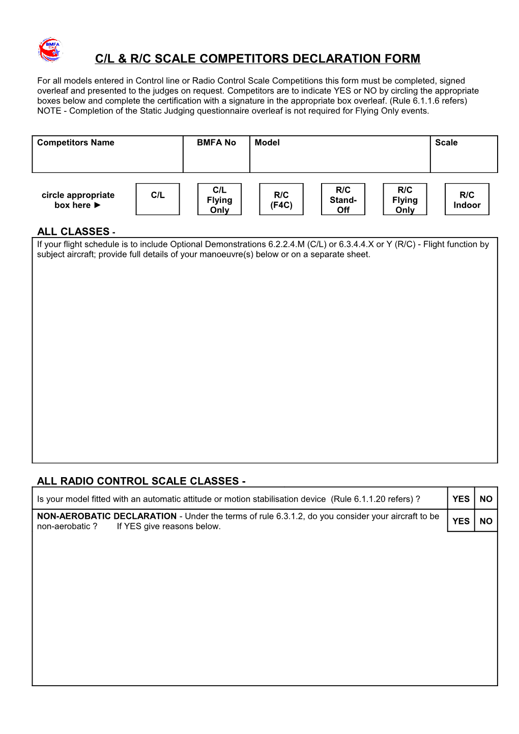 Competitors Declaration Form