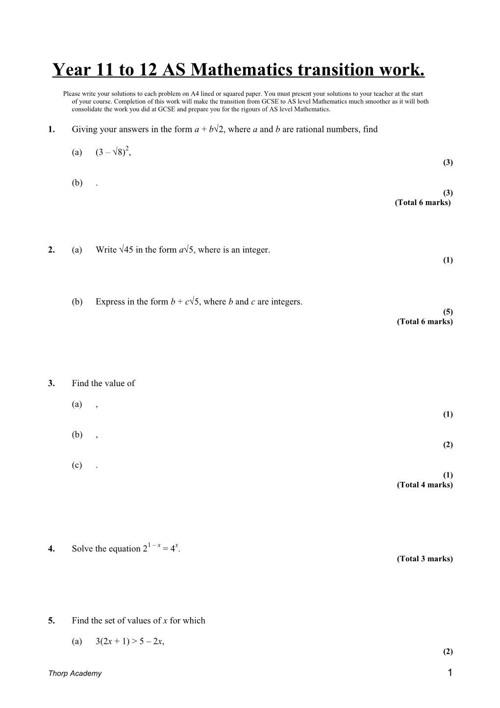 Year 11 to 12 AS Mathematics Transition Work