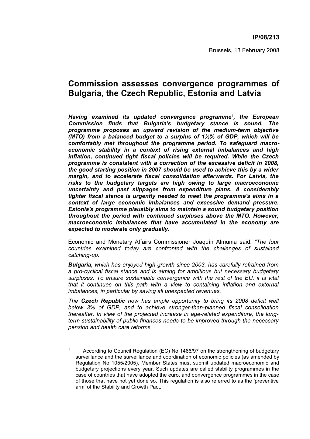 Commission Assesses Convergence Programmes of Bulgaria, the Czechrepublic, Estonia and Latvia