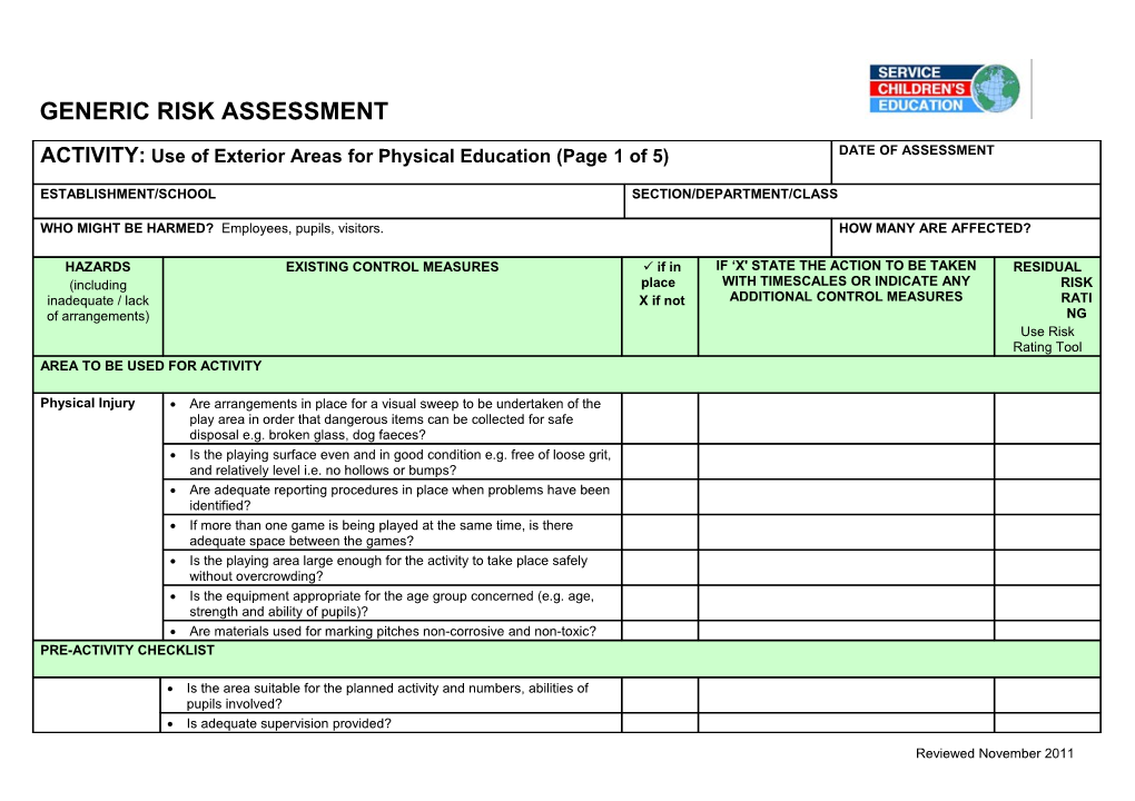 SCE Generic Risk Assessment: Use of Exterior Areas for PE