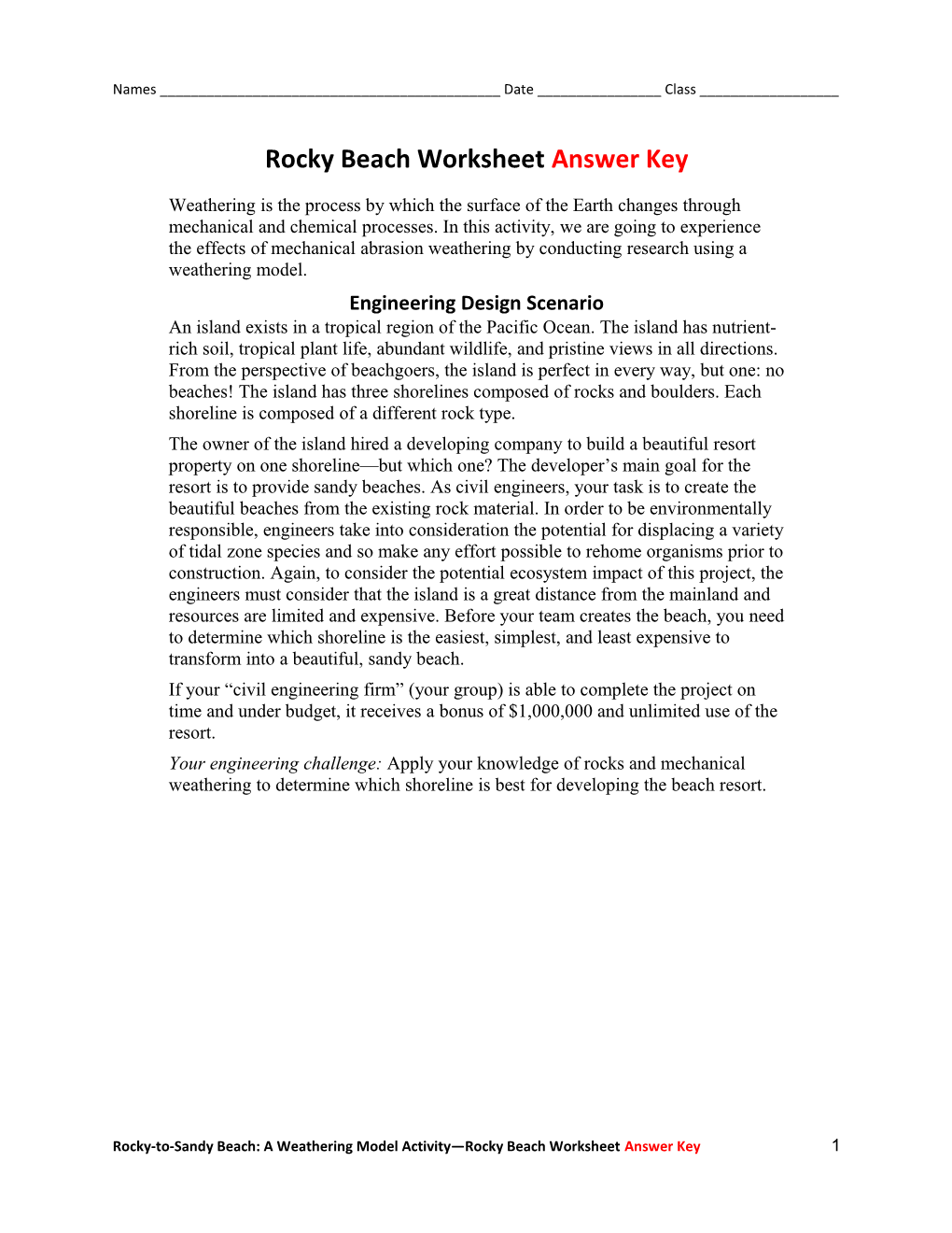 Rocky Beach Worksheetanswer Key