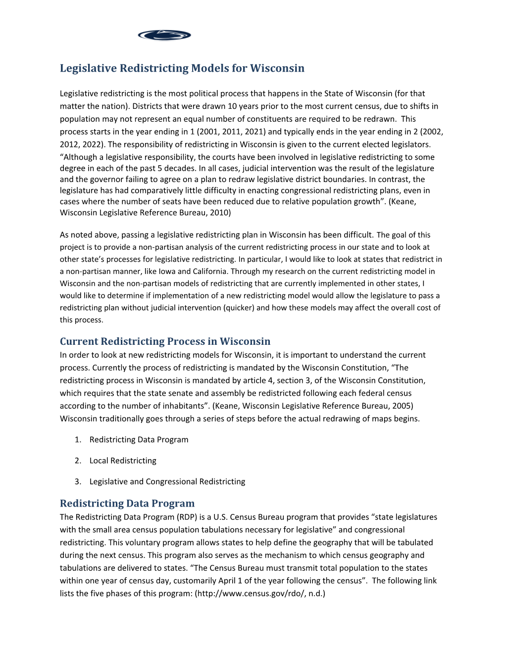 Legislative Redistricting Models for Wisconsin