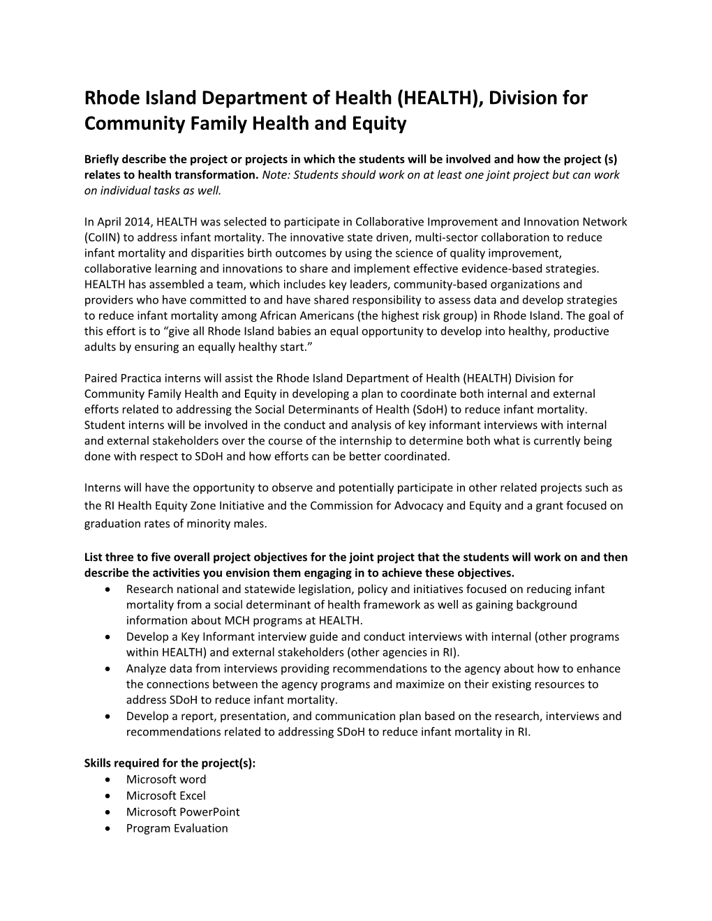 Rhode Island Department of Health (HEALTH), Division for Community Family Health and Equity