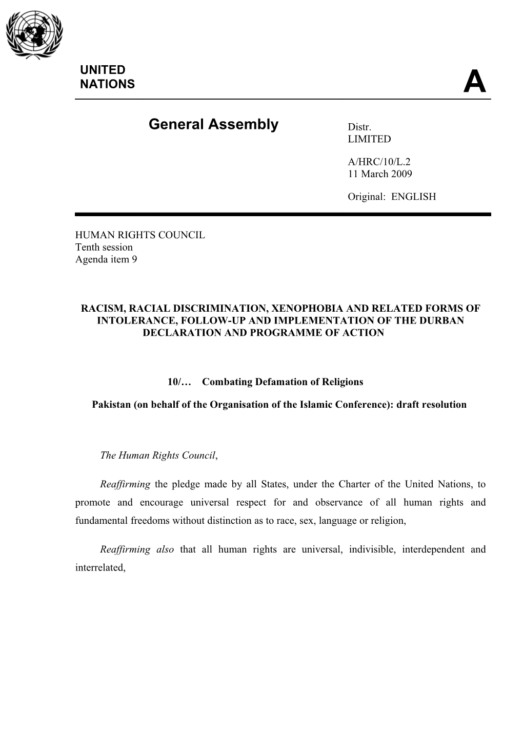 Pakistan (On Behalf of the Organisation of the Islamic Conference): Draft Resolution