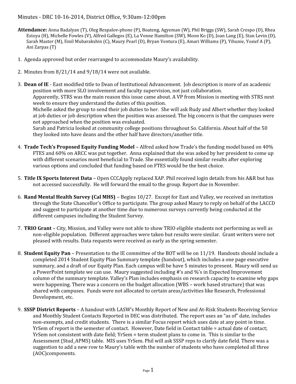 Minutes - DRC 10-16-2014, District Office, 9:30Am-12:00Pm