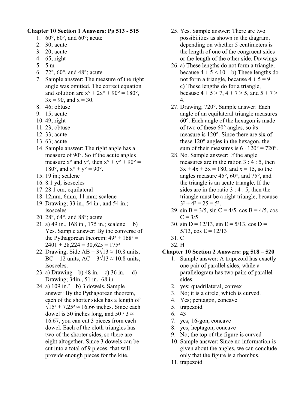 Chapter 10 Section 1 Answers: Pg 513 - 515