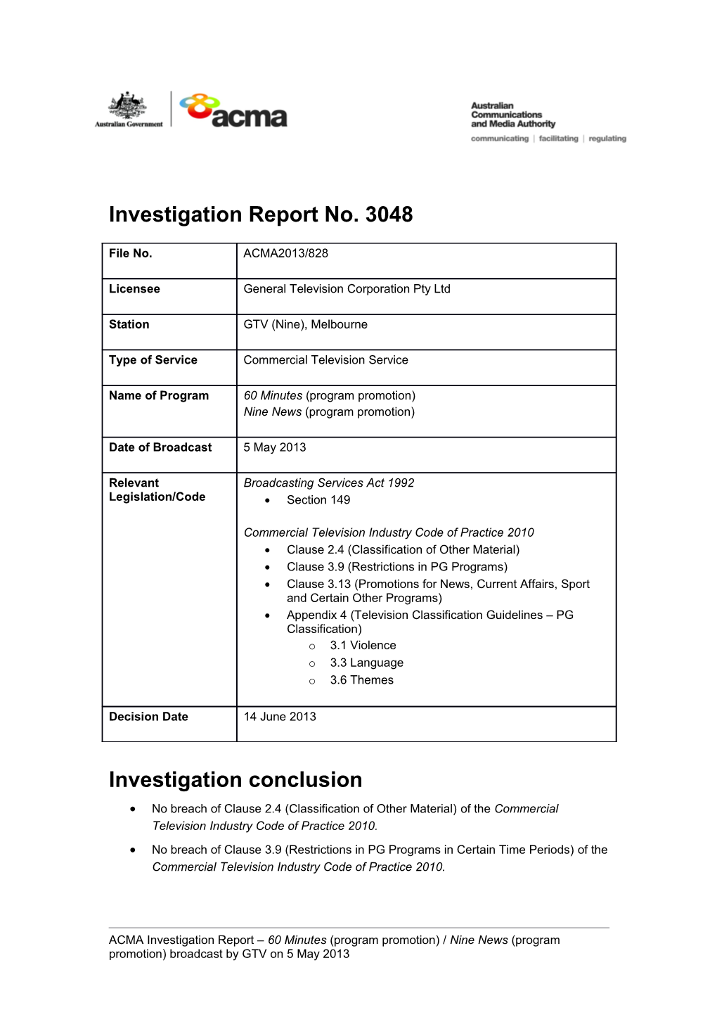 GTV9 (Melbourne) - ACMA Investigation Report 3048