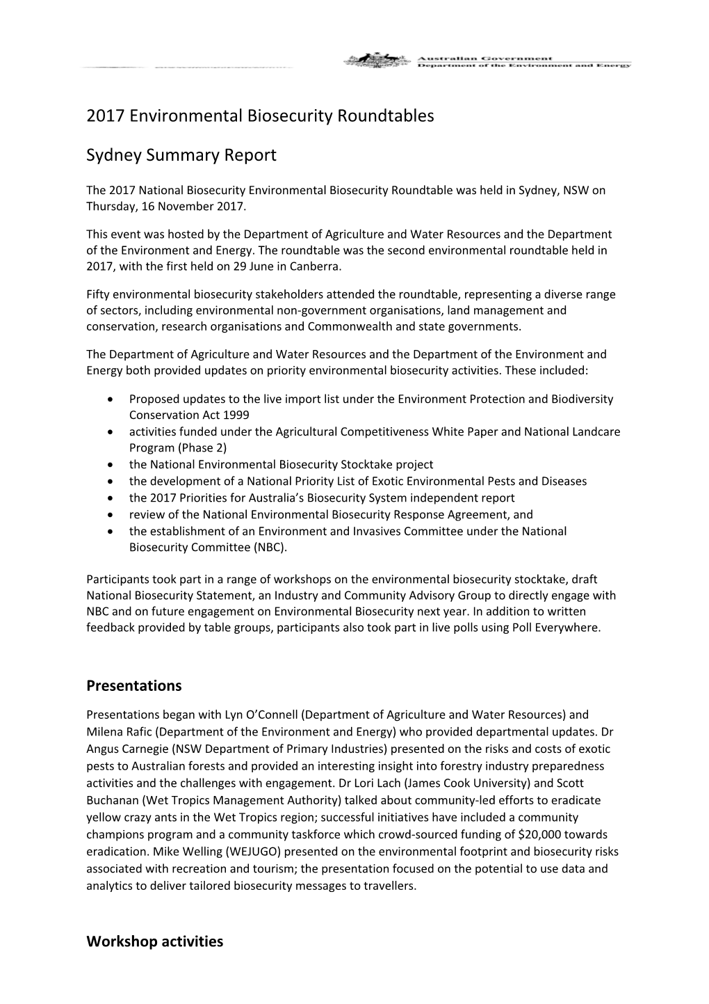 2017 Environmental Biosecurity Roundtables Sydney Summary Report
