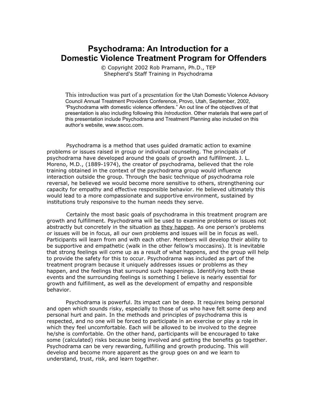 Psychodrama: an Introduction for Adomestic Violence Treatment Program for Offenders