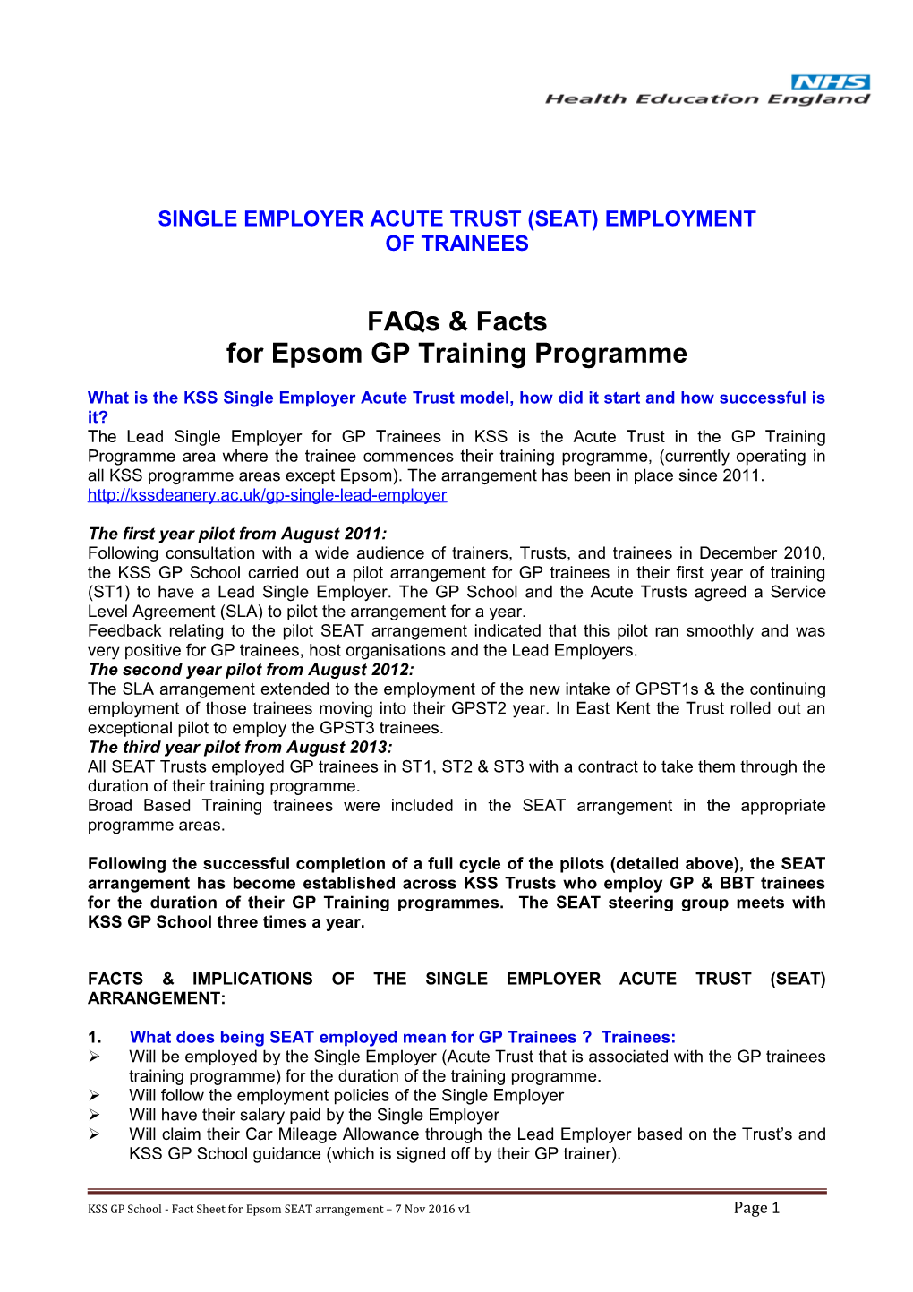 Single Employer Acute Trust (Seat) Employment
