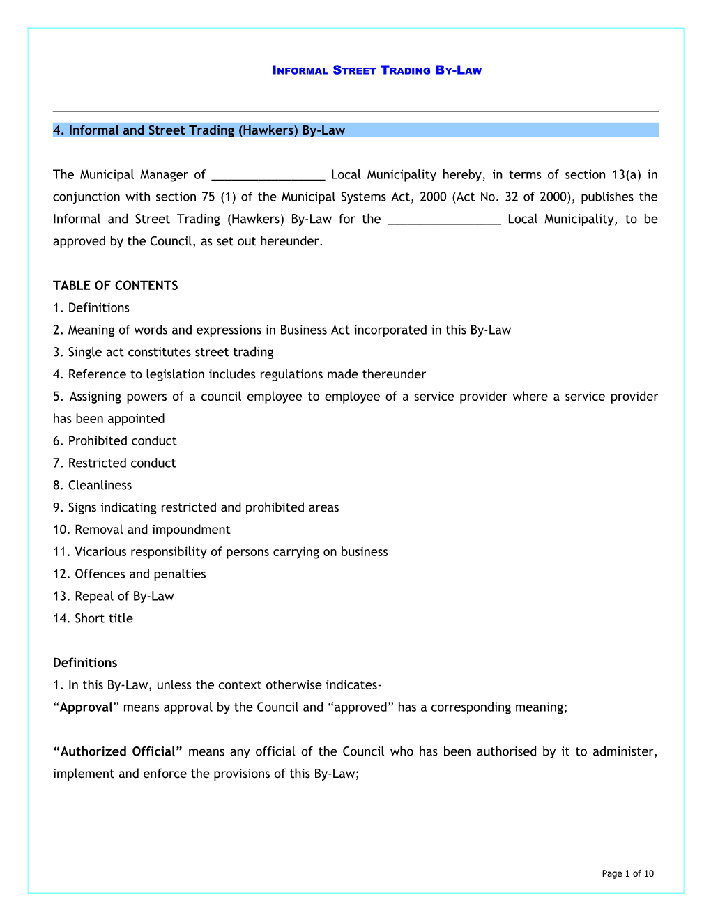 4. Informal and Street Trading (Hawkers) By-Law