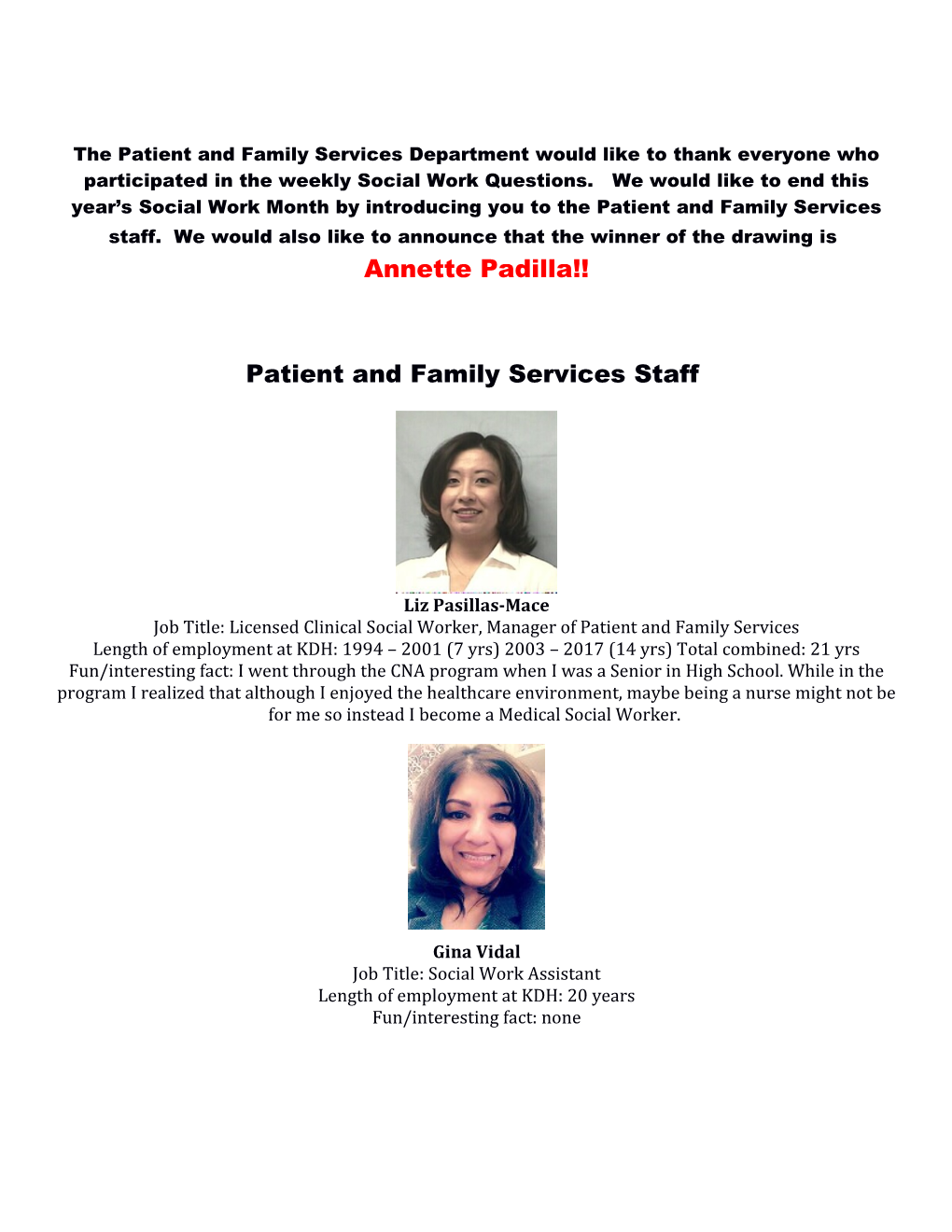 Patient and Family Services Staff