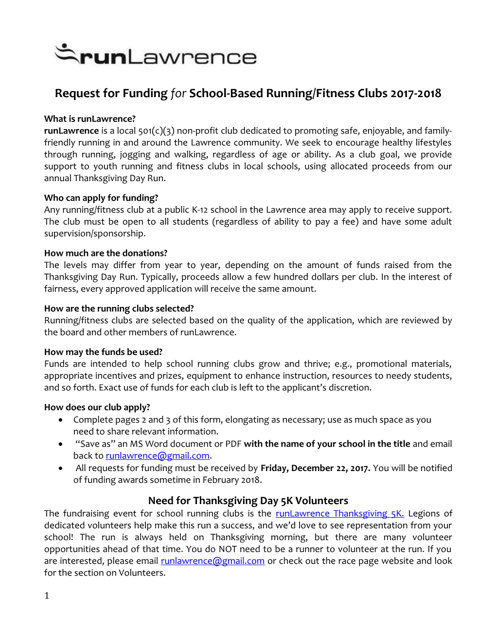 Request for Funding for School-Based Running/Fitness Clubs 2017-2018