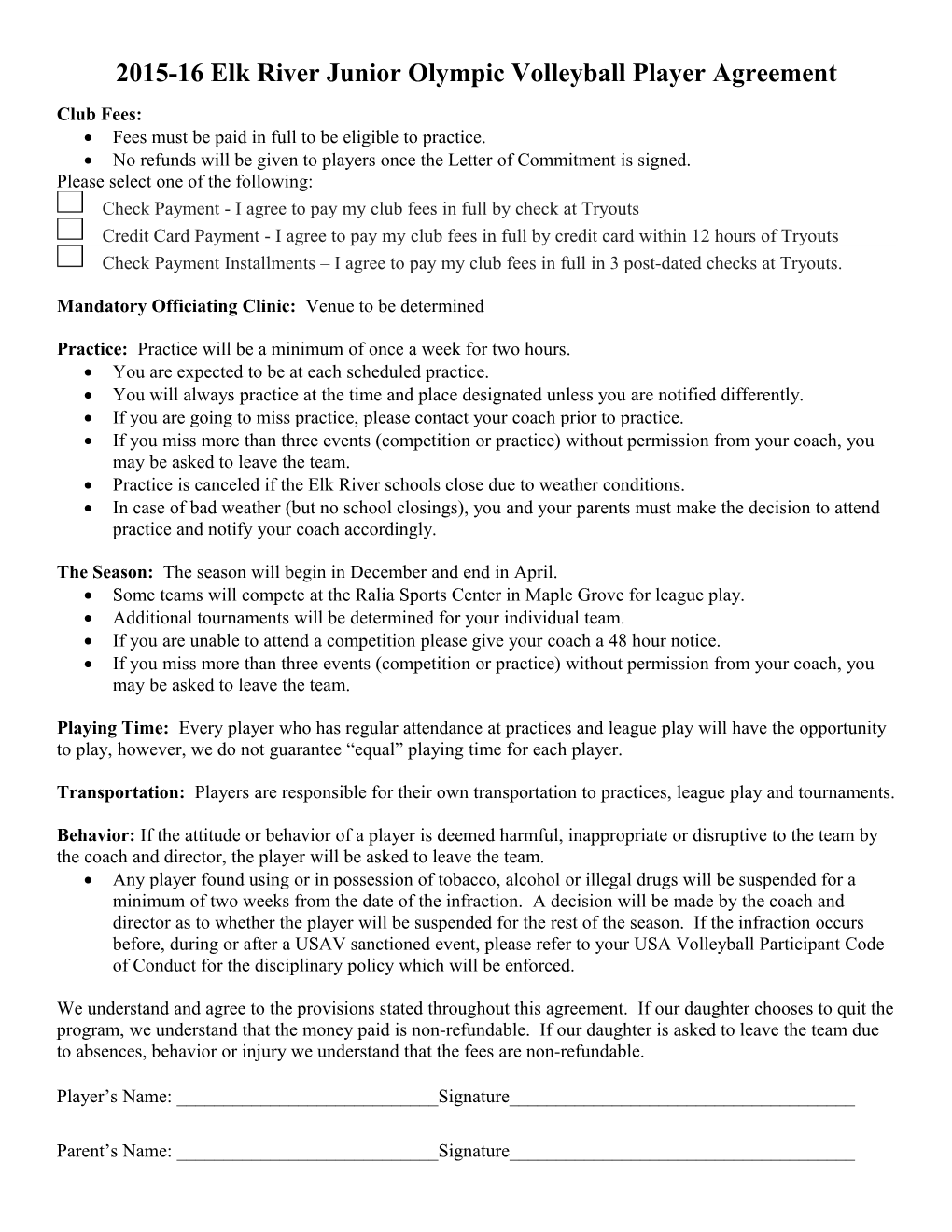 2009-10 Elk River Junior Olympic Volleyball Player Agreement