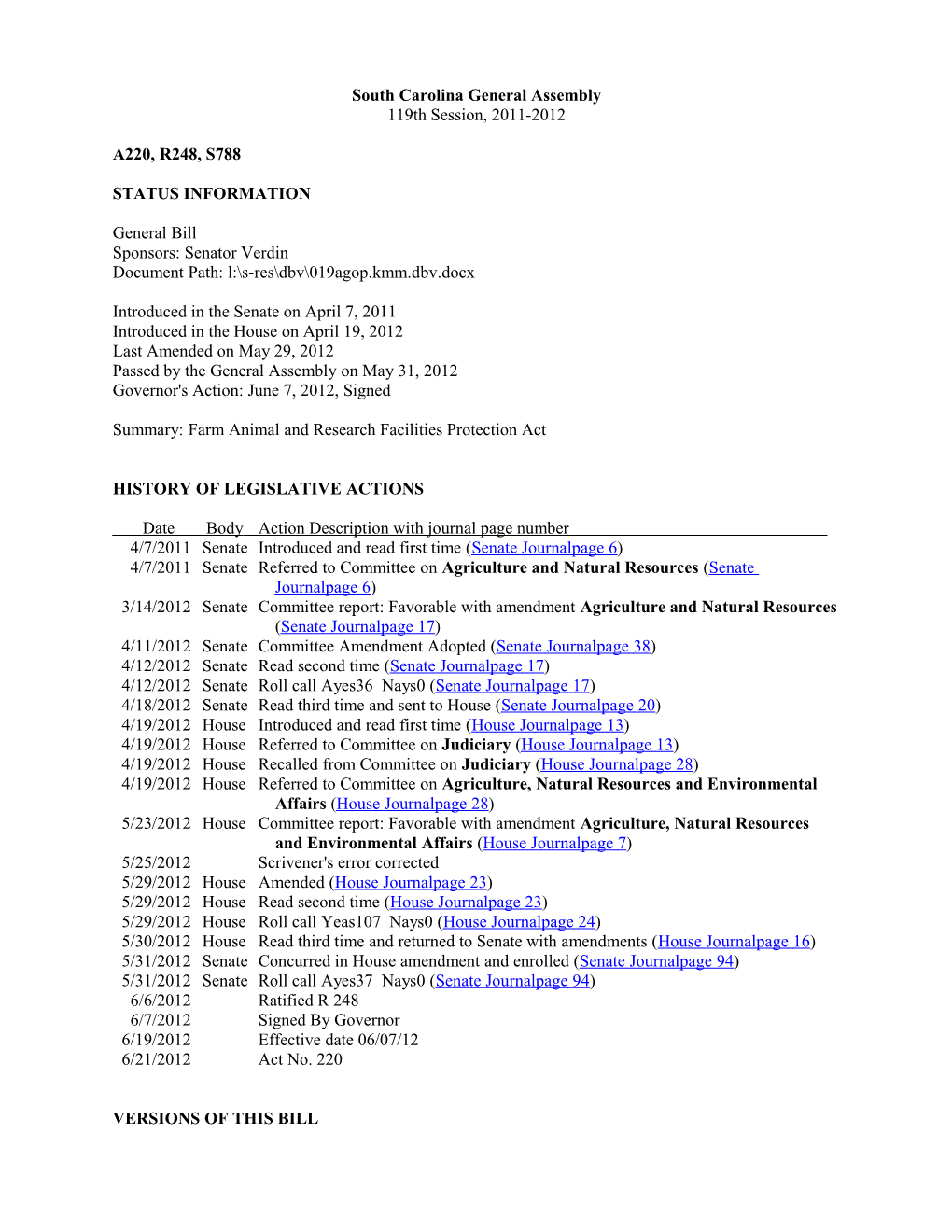 2011-2012 Bill 788: Farm Animal and Research Facilities Protection Act - South Carolina