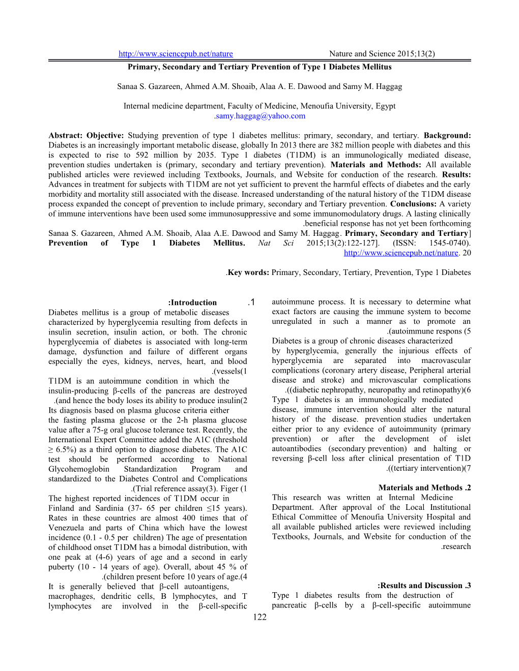 Primary, Secondaryand Tertiary Prevention of Type 1 Diabetes Mellitus