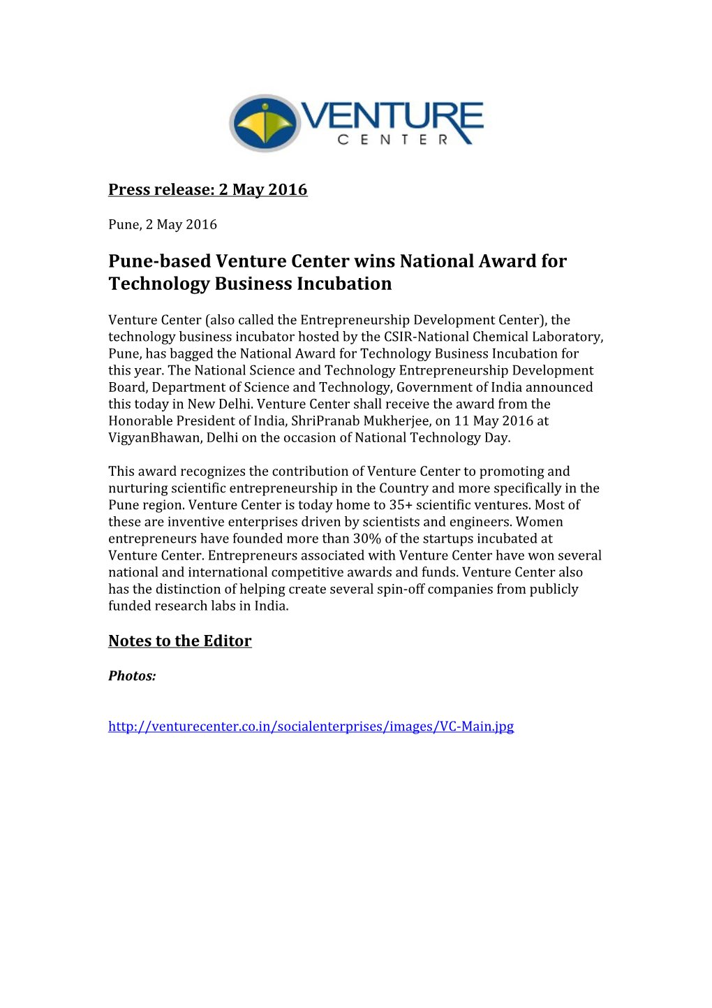 Pune-Based Venture Center Wins National Award for Technology Business Incubation