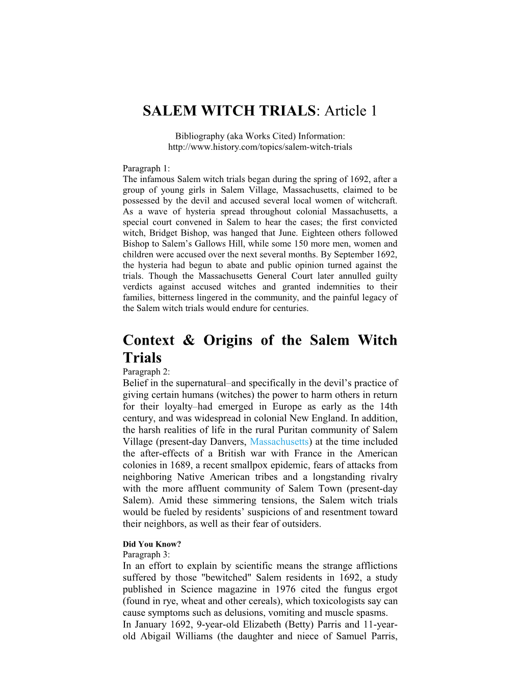 Salem Witch Trials : Article 1